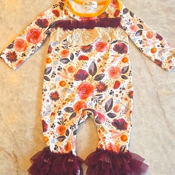 MARIE NICOLE Floral Long Sleeve Baby Romper with Ruffle Details - Picture 1 of 7